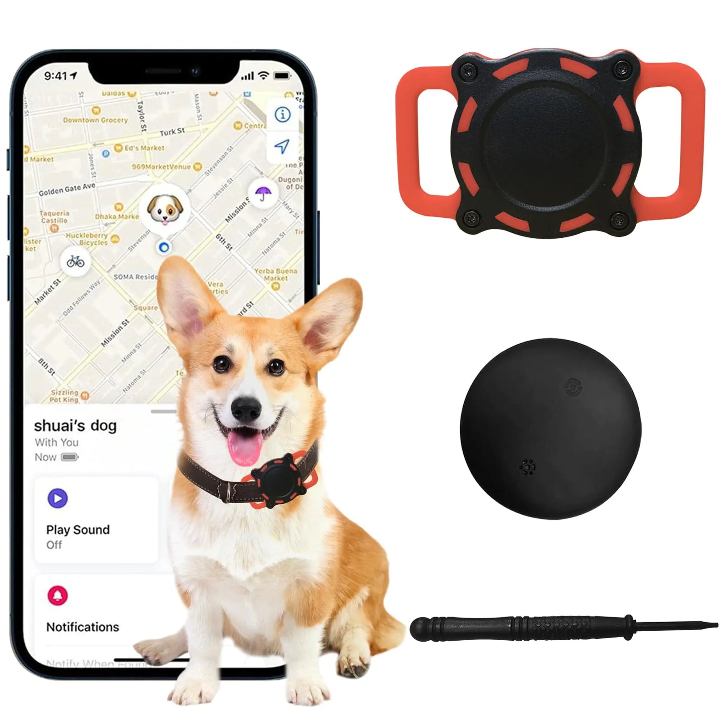 Dog Tracker Pet Location Tracker with Collar Holder for Dogs Item Finder MFi Certified Tracking Device No Monthly Fee Works with iOS Find My Personalized Dog Location Tracker (Black and Red)